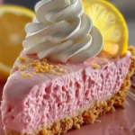 Slice of pink lemonade pie on a ceramic plate with graham cracker crust, creamy filling, whipped cream topping, and lemon slices in the background