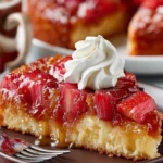 Slice of rhubarb upside-down cake topped with whipped cream on a brown plate with whole cake in background