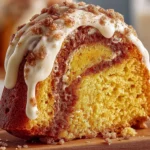 Close-up of a moist Snickerdoodle Bundt Cake slice with visible cinnamon swirls and cream cheese frosting on a wooden spatula