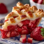 Slice of strawberry rhubarb pie on a vintage plate with flaky lattice crust and fresh fruit filling