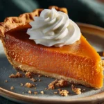 Slice of sweet potato pie recipe with golden crust and whipped cream on top