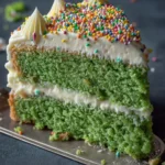 Slice of vanilla spinach cake with vanilla frosting topped with sprinkles, on a vintage cake server