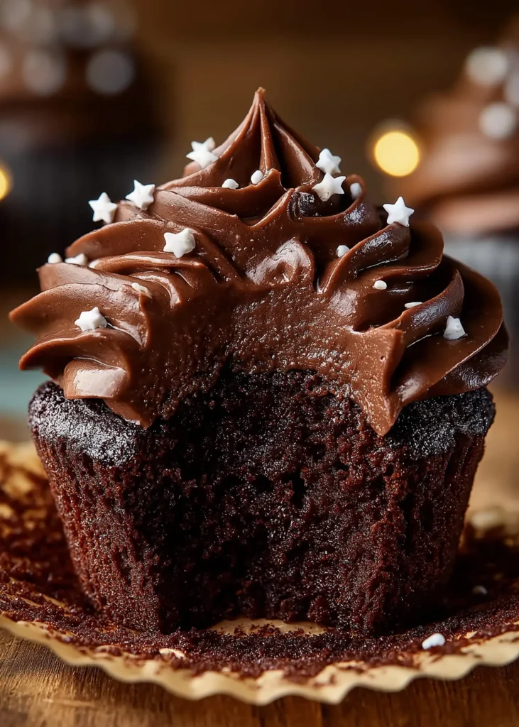 Chocolate almond flour cupcakes with creamy frosting and a moist bite inside, perfect for keto and gluten-free dessert lovers.