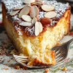 Close-up of almond ricotta cake slice topped with sliced almonds and powdered sugar on a vintage plate with a dessert fork