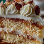 Close-up of a moist amaretto layer cake slice topped with toasted almonds and creamy frosting
