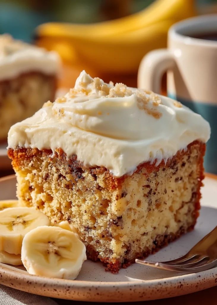 Rustic banana cake slice with cream cheese frosting on a ceramic plate, surrounded by banana slices on a wooden table.