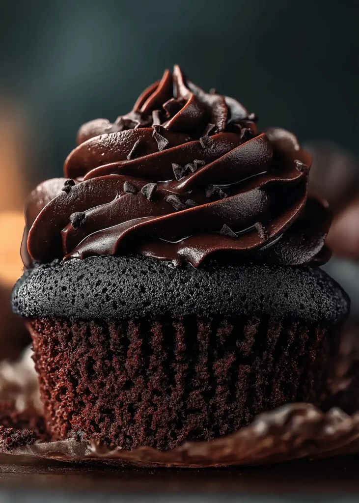 Moist black velvet cupcake with rich chocolate frosting in a swirl, partially eaten to show texture