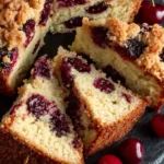 Sliced cherry coffee cake recipe with golden crumb topping and fresh Bing cherries on a rustic grey surface