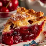 Slice of homemade cherry pie with flaky lattice crust and glossy cherry filling on a porcelain plate — classic cherry pie recipe