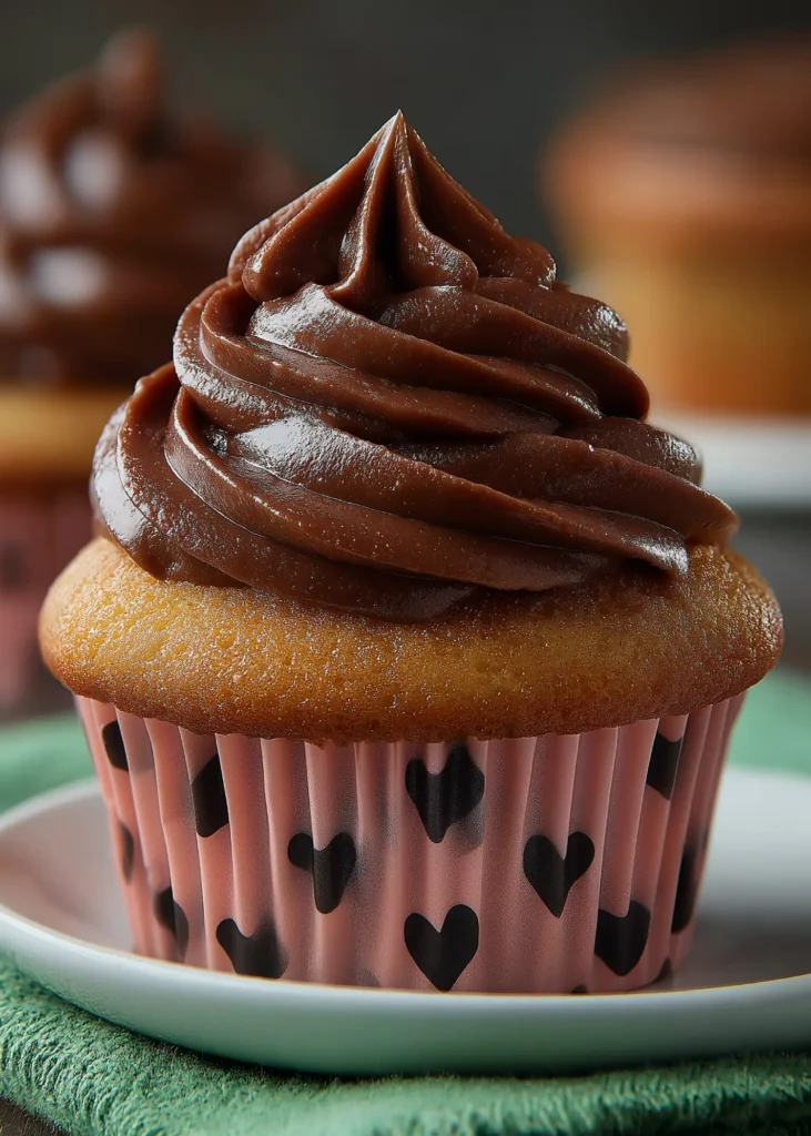 Cinnamon Graham S'more Cupcake with rich chocolate frosting in a pink heart cupcake liner