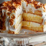 Four-layer Cipriani cake with vanilla cream filling and toasted meringue topping on a glass cake stand