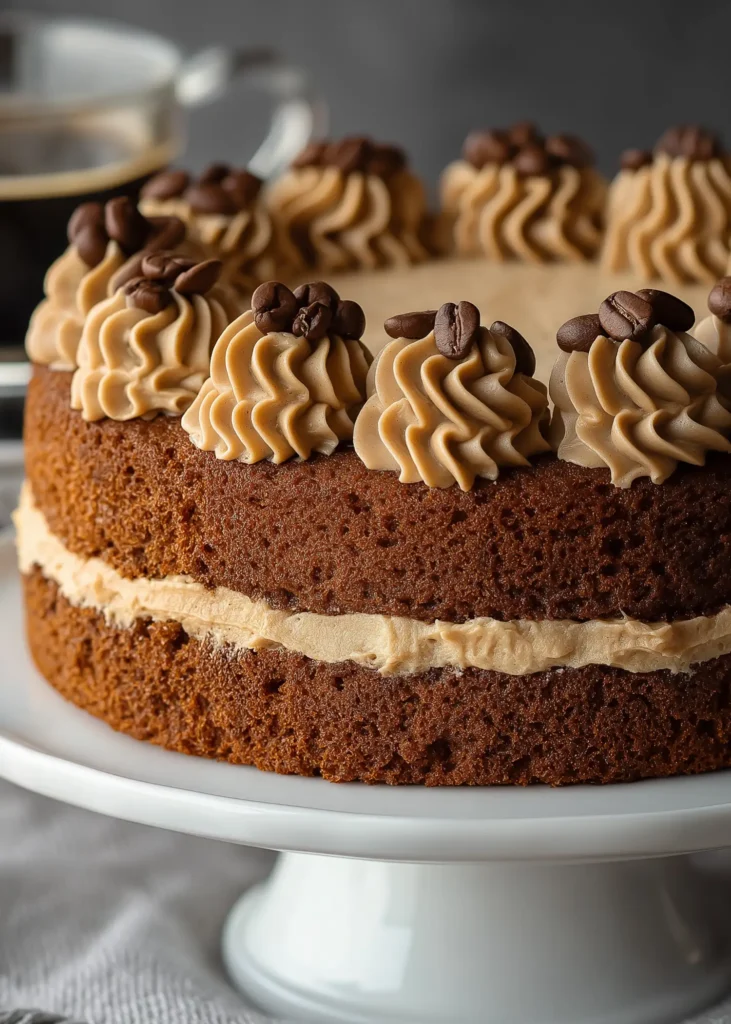 Two-layer homemade coffee cake with creamy coffee buttercream swirls and whole coffee beans on top