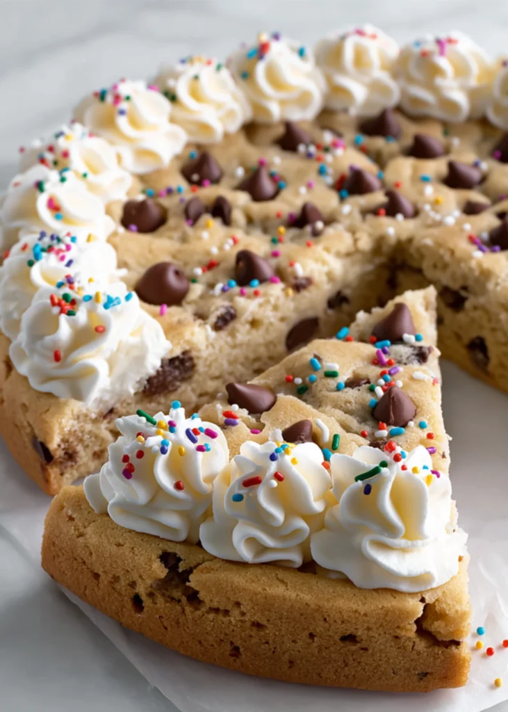 Chewy homemade cookie cake with chocolate chips, piped vanilla frosting, and colorful sprinkles, with a slice removed for serving.