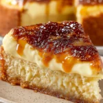 Moist slice of crème brûlée cake topped with silky pastry cream and caramelized sugar crust on a ceramic plate