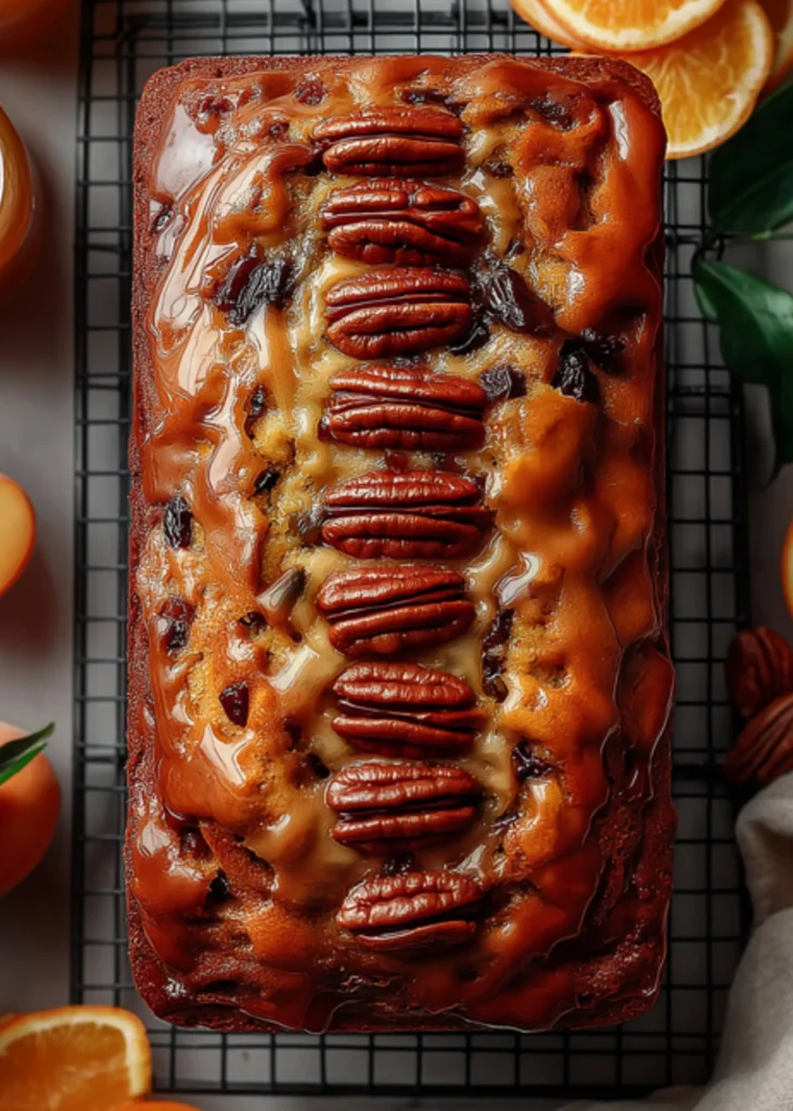 Glazed homemade fruit cake topped with pecans on a cooling rack, surrounded by dried fruits, marmalade, and citrus.