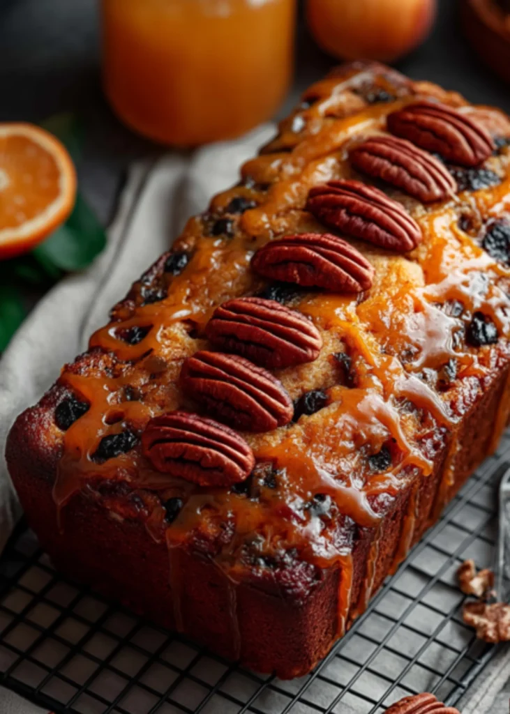 Golden holiday fruit cake topped with pecans and citrus glaze, resting on a wire rack with dried fruit and jam.