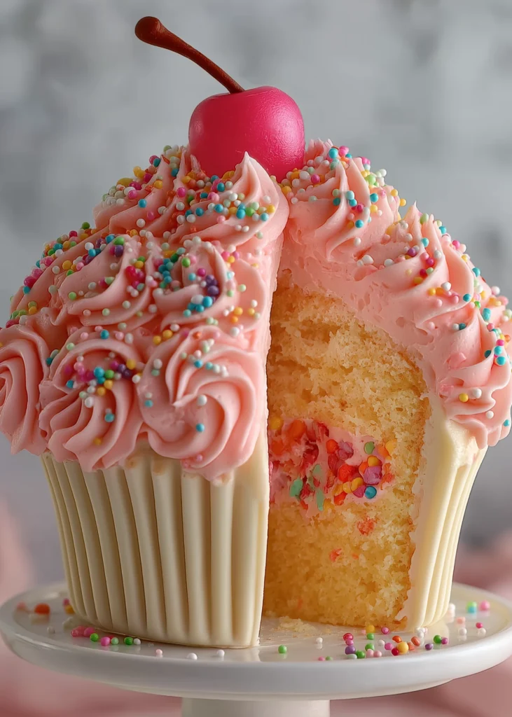 Giant cupcake cake recipe with candy shell base, pink buttercream frosting, and rainbow sprinkle filling