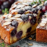 Moist grape cake recipe with fresh grapes and sliced almonds, dusted with powdered sugar and served on a marble surface.