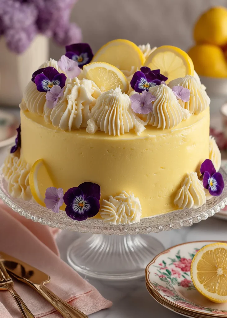 Whole frosted lemon cake decorated with lemon slices, cream cheese swirls, and edible flowers on a glass cake stand