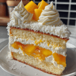 Moist mango cake slice filled with whipped cream and fresh mangoes, served on a plate