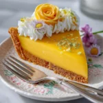 Close-up of a fresh mango lime tart recipe with golden graham cracker crust, creamy mango lime filling, and whipped cream topping, garnished with lime zest and mango slices.