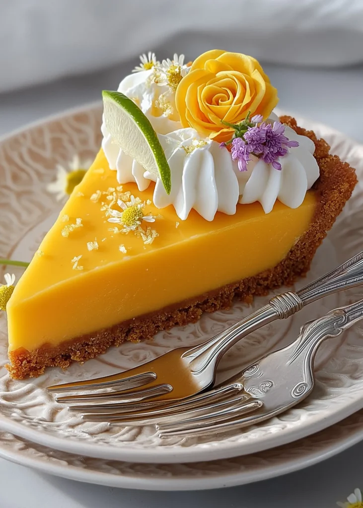 A sliced mango lime tart recipe topped with whipped cream and lime zest, showing the creamy citrus filling and golden graham cracker crust.
