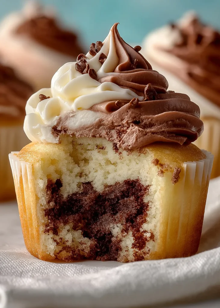 Moist marble cupcake with chocolate and vanilla swirl inside, topped with two-tone buttercream frosting