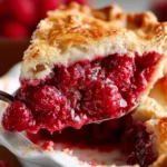 Freshly sliced homemade raspberry pie with golden flaky crust and juicy berry filling in a white ceramic dish