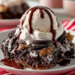 Oreo Dump Cake served warm with vanilla ice cream and chocolate sauce on top, presented on a white plate over a red-striped napkin