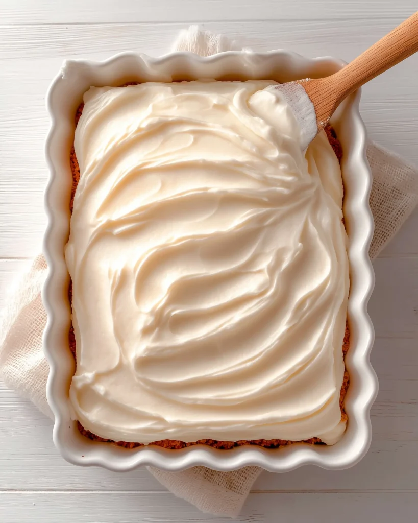 Layer of smooth whipped topping spread evenly in a white baking dish as part of Oreo Dump Cake preparation