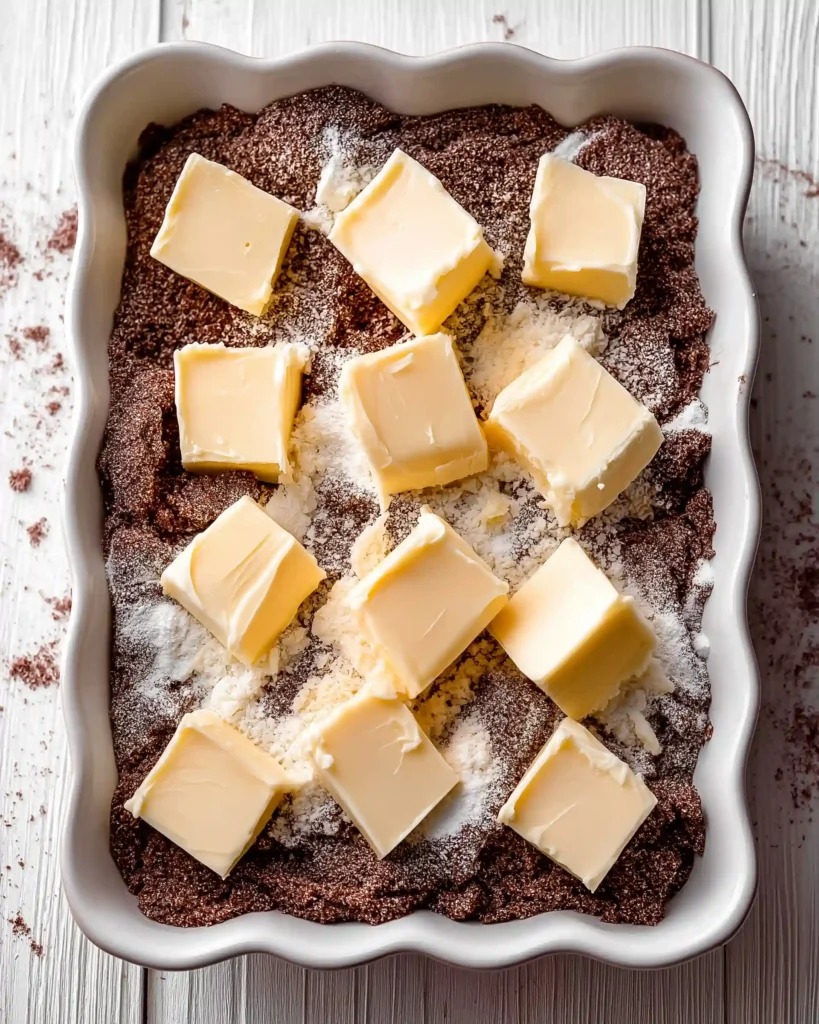 Cold butter slices layered over dry chocolate cake mix in a white ceramic baking dish during Oreo Dump Cake preparation