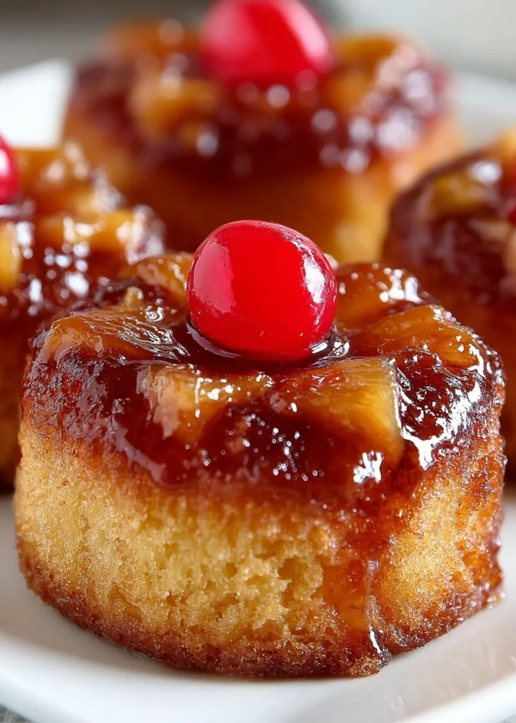 Close-up of moist pineapple upside down cupcakes with caramelized crushed pineapple and cherries, served on a white plate.