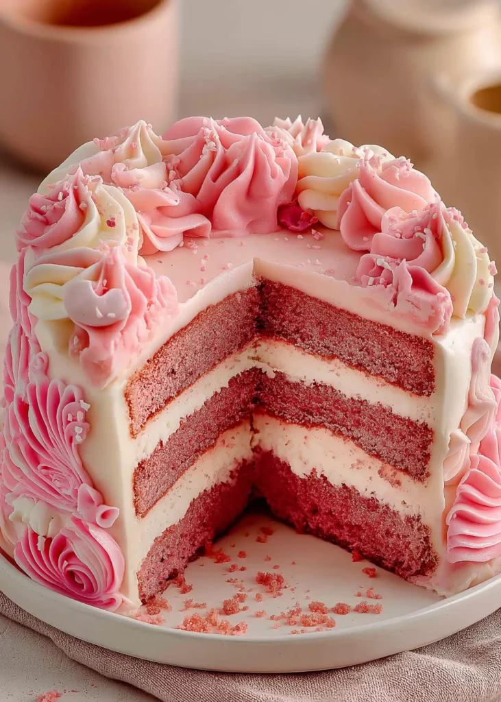 Pink velvet cake recipe with soft pink layers and piped whipped cream frosting on a white plate, sliced to reveal moist texture.