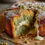 A close-up of a sliced pistachio butter cake with a creamy cream cheese topping, ground pistachios in the green cake layer, and powdered sugar on top