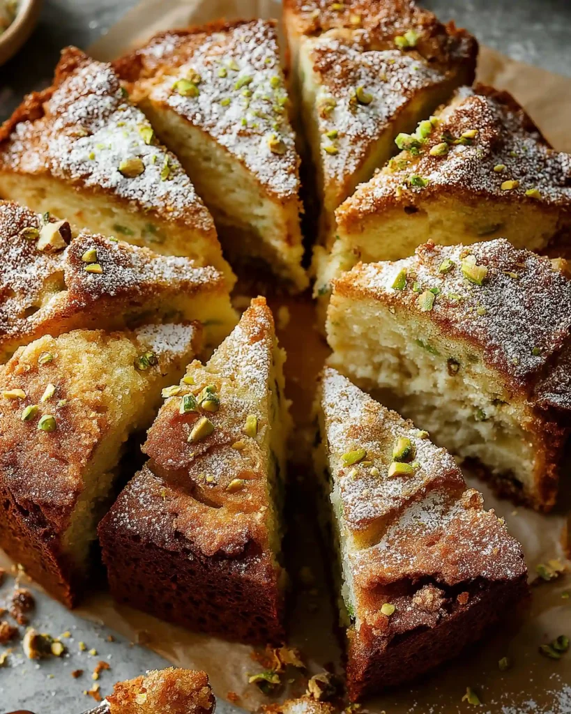 Overhead view of sliced pistachio butter cake with a golden crust, dusted with powdered sugar, and filled with creamy pistachio and cream cheese layers