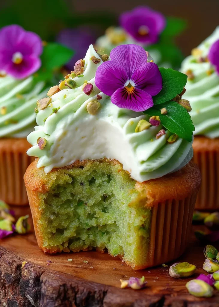 Pistachio cupcake with vanilla buttercream and edible flower, green cupcake with soft texture and nutty flavor