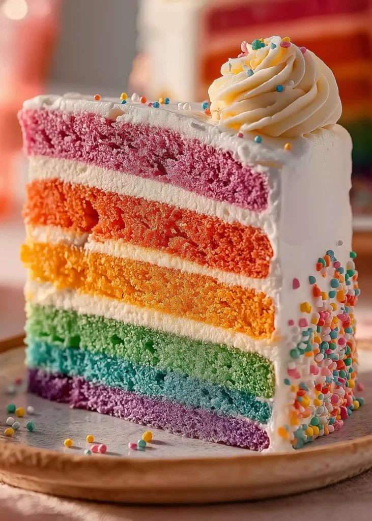 Tall slice of rainbow cake recipe with colorful layers and buttercream on a ceramic plate