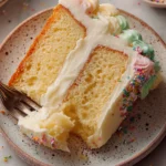 Overhead view of moist white cake slice with buttercream frosting and sprinkles on a ceramic plate with a fork