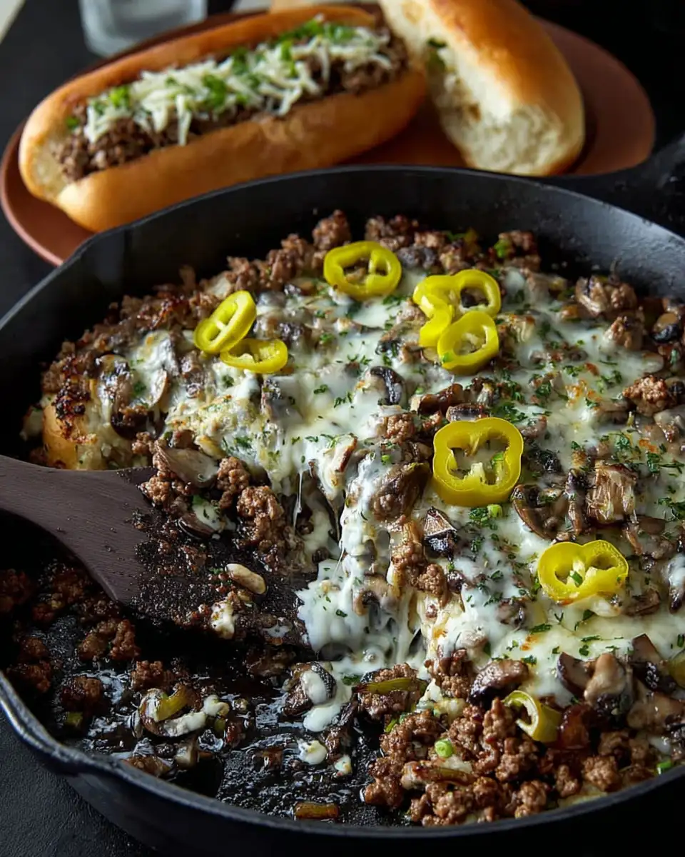 Ground Beef Cheesesteak Skillet with Mushrooms & Onions