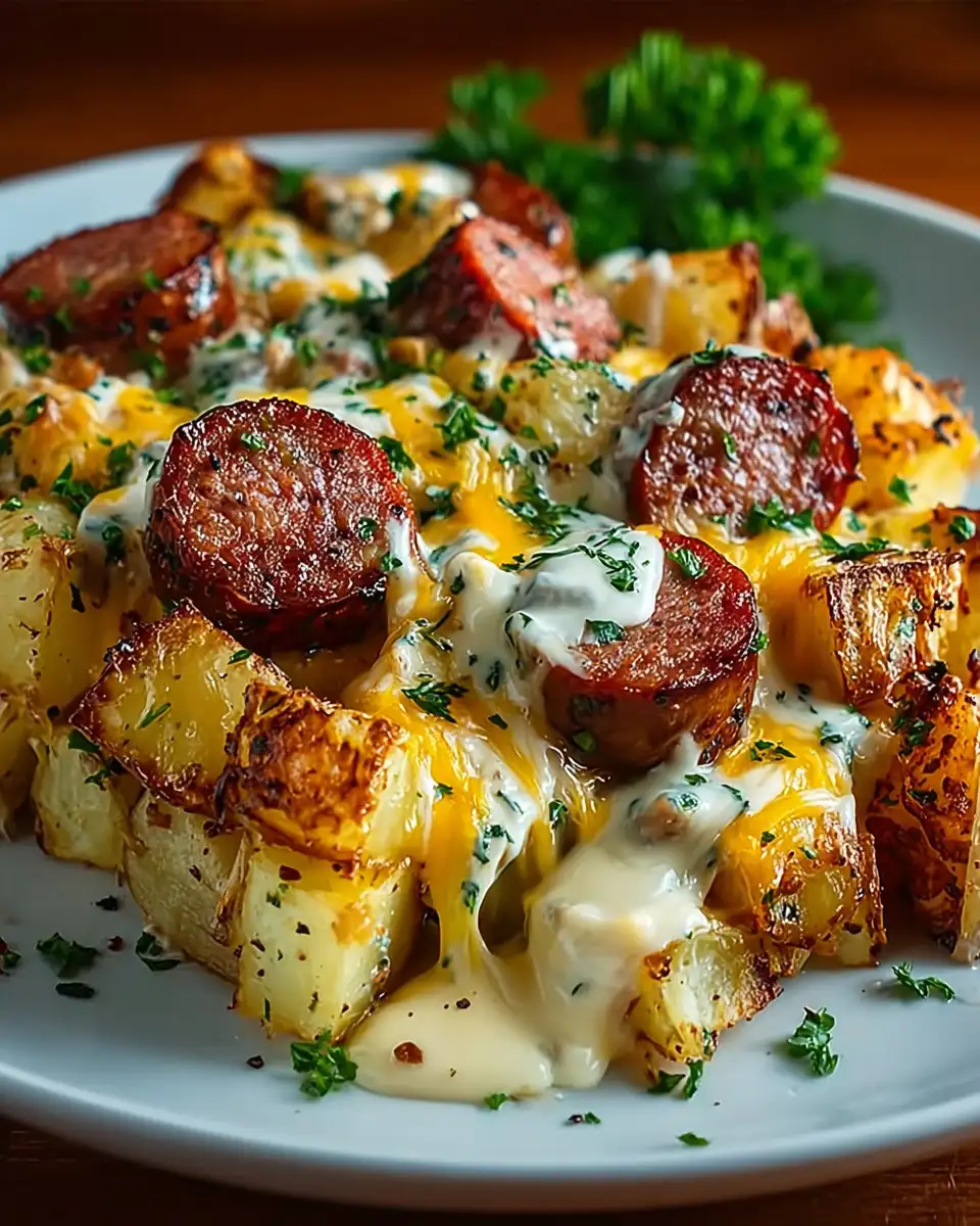Loaded Cheesy Ranch Potato Bake with Sausage and Onions