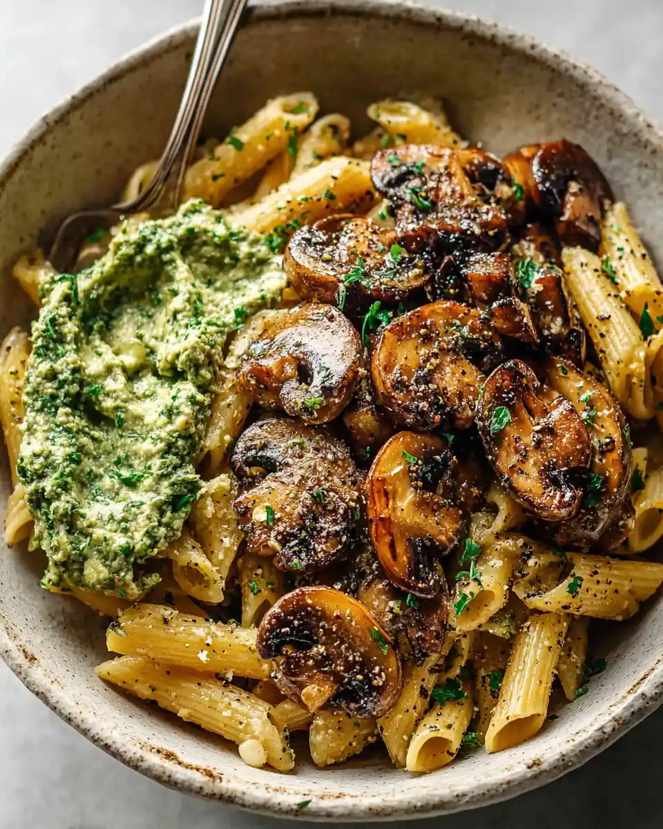 Simple Mushroom Penne with Walnut Pesto